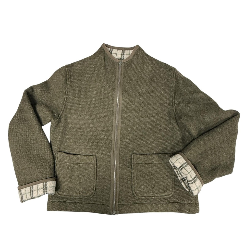 Womens Olive Green Zip-Up Wool‎ blend Jacket with Plaid Lining zip up jacket PM